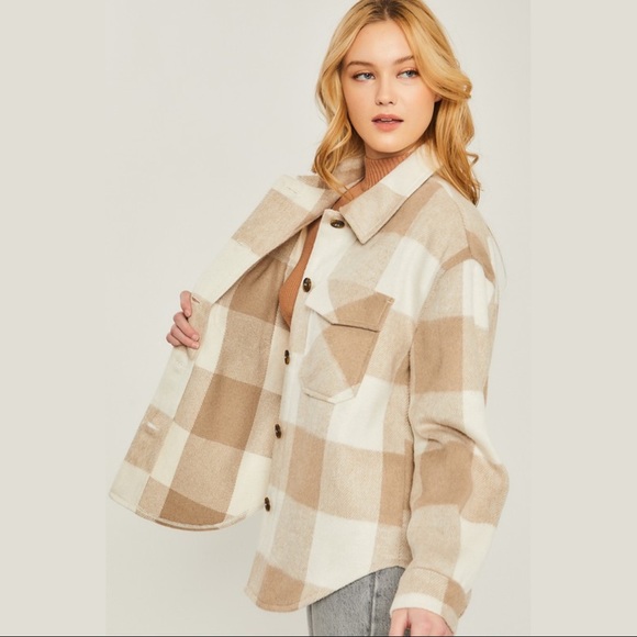 Light Beige Buffalo Plaid Brushed Shacket - Picture 2 of 7